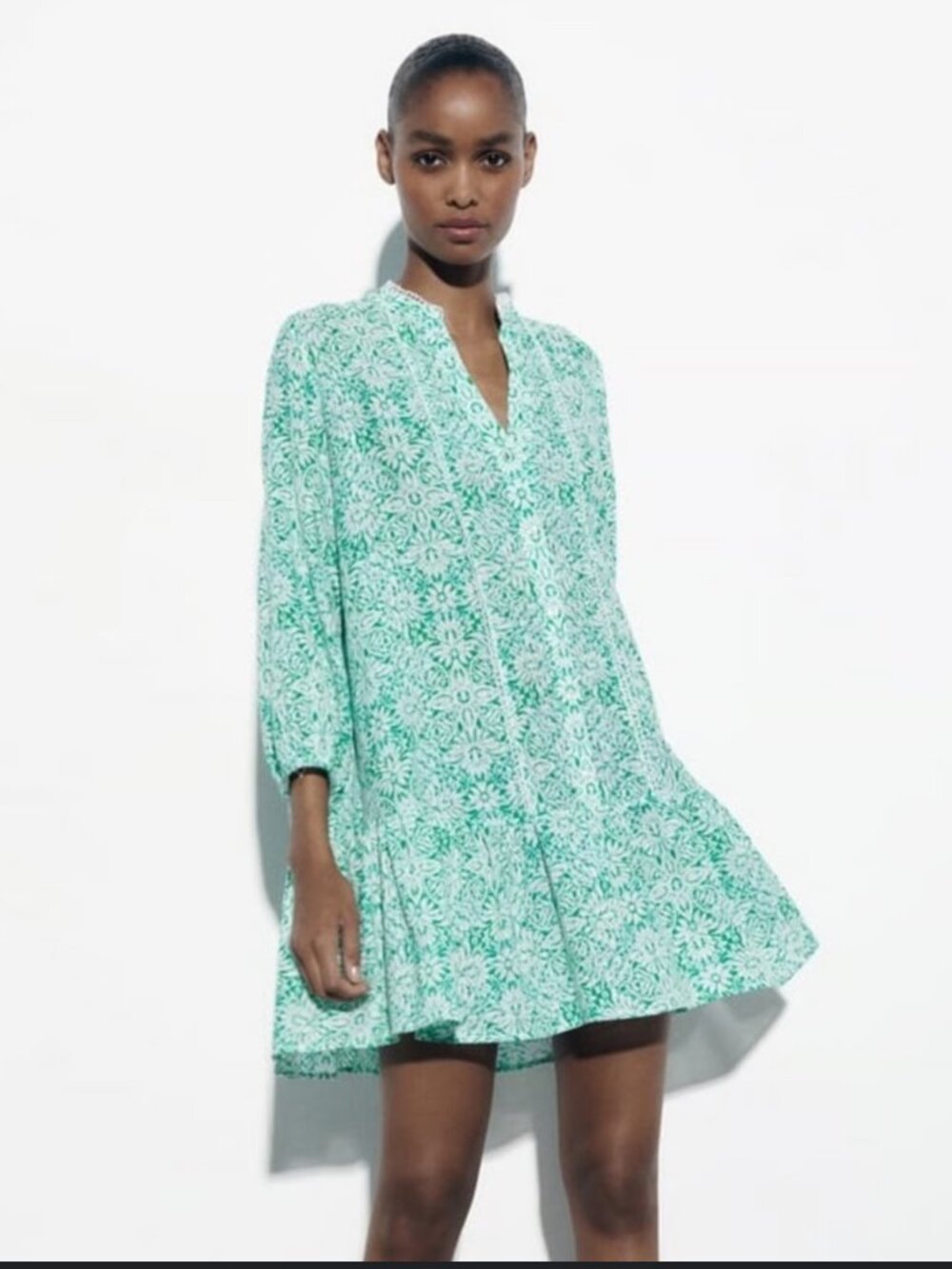 NOWT Zara  Cotton V-Neck Tiered Mini Dress, 3/4 Sleeve, Lace Trim Detail